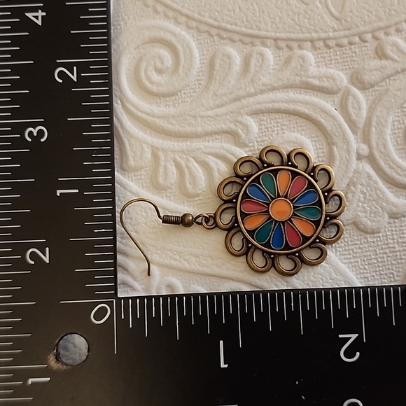 BOHEMIAN Flower Disc  earrings  Multicolor Enamal - Picture 3 of 3